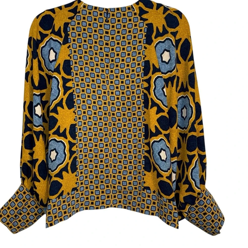 CHICO'S‎  Geo Print Drape Sleeve Blue Echo L/S Woven Pattern Top NWT $99 Size 6 - Picture 7 of 8